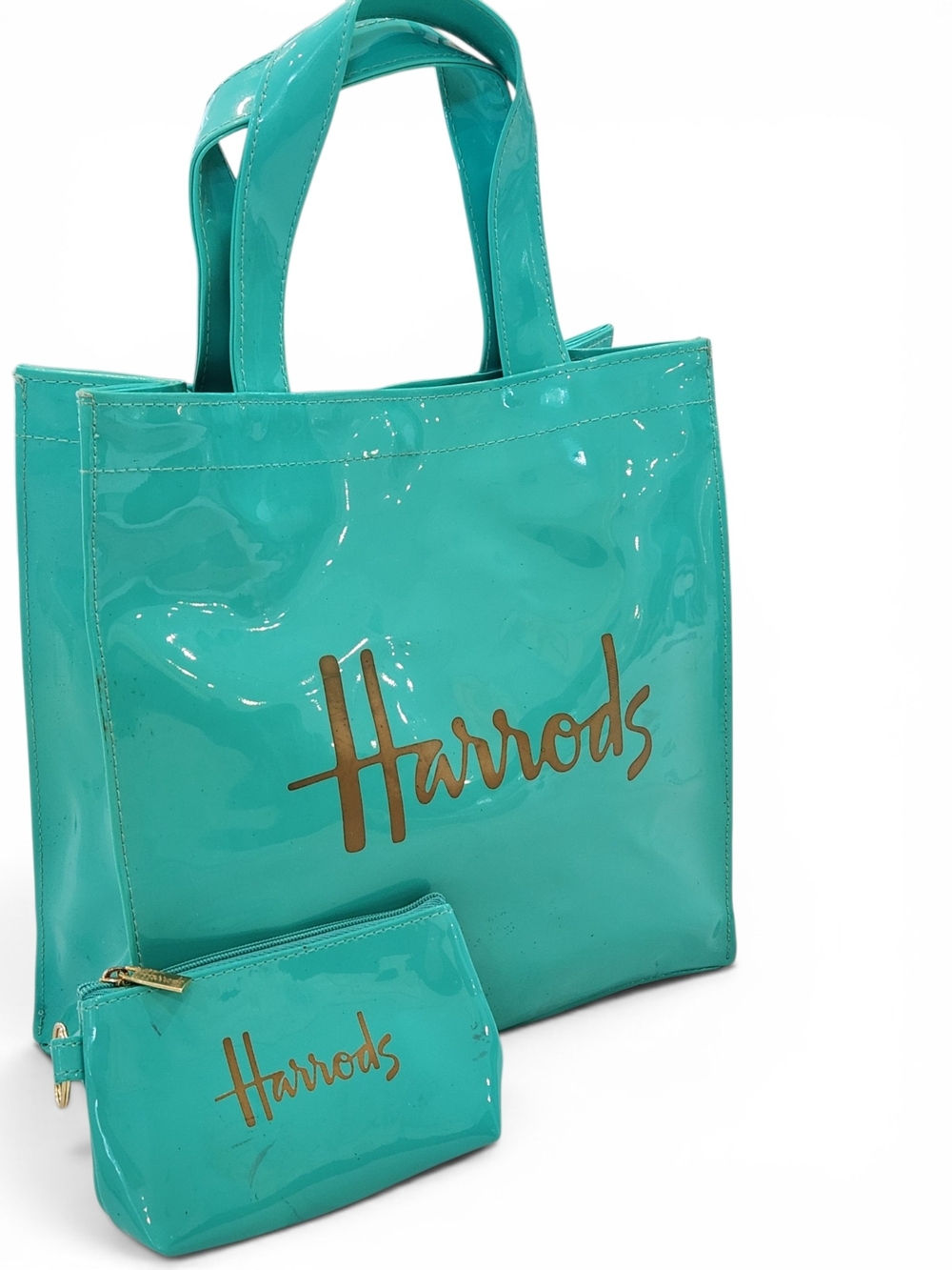 Harrods Turquoise Patent Tote and Pouch Set